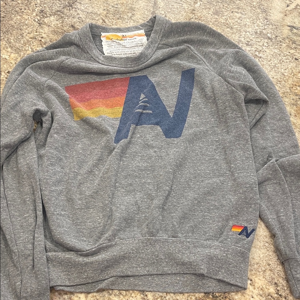 Aviator Nation Gray Crewneck with Navy and Rainbow Stripe Logo